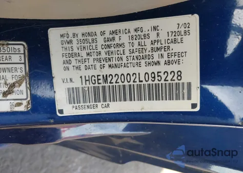 2002 Honda Civic Ex z USA, uszkodzony, nr VIN 1HGEM22002L095228